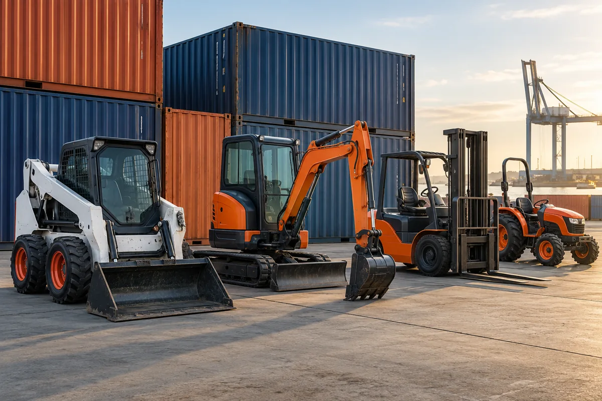 Mini excavadora, montacargas y tractor junto a contenedores cerrados