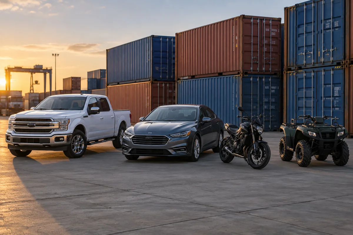 Autos, camioneta, motocicleta y cuatrimoto preparados para transporte